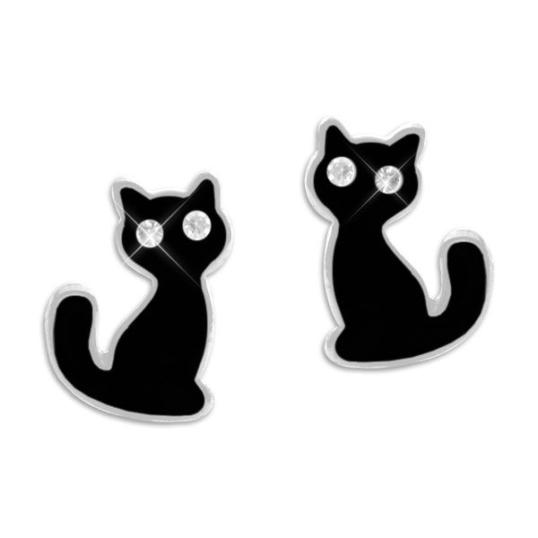 Ohrstecker schwarze Katze mit Strass Augen 925 Silber