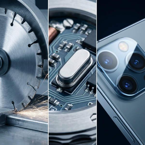 Collage mit Diamantbohrer, Quarzuhr-Platine und Smartphone-Kameramodul mit Saphirglasabdeckung als technische Edelsteinanwendungen