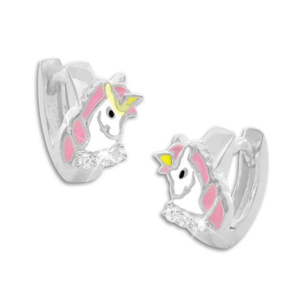 Einhorn Klapp-Creolen Zirkonia Strass rhodiniert 925 Silber B-Ware