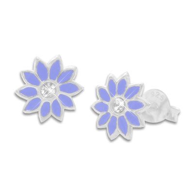 Ohrstecker Blumen mit lila Blüten und Strass Stein 925 Silber