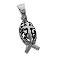 Massiver Fisch-Symbol mit Kreuz Anhänger 925 Silber Massiver Fisch-Symbol mit Kreuz Anhänger 925 Silber