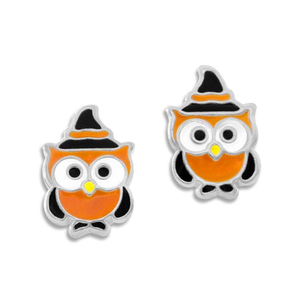 Kinder Ohrstecker Eule mit Hexenhut 925 Silber Halloween