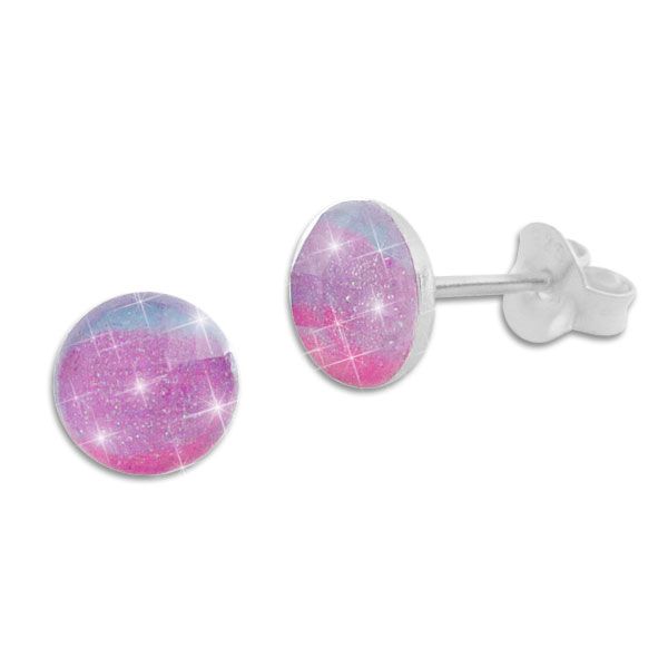 Runde Ohrstecker facettiert rosa und hellblau mit Glitzer 925 Silber