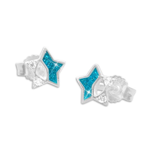 Ohrstecker für Kinder türkiser Glitzer Stern und Strass 925 Silber