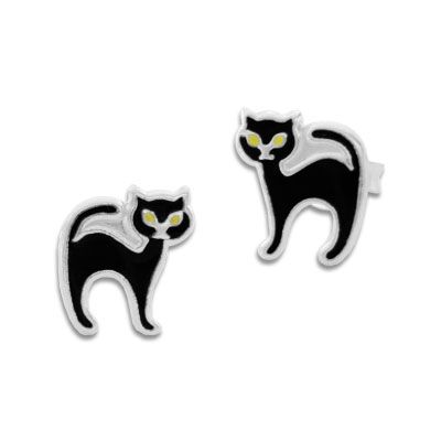 Ohrstecker schwarze Katze 925 Silber Katzen Ohrringe Fasching, Karneval, Halloween