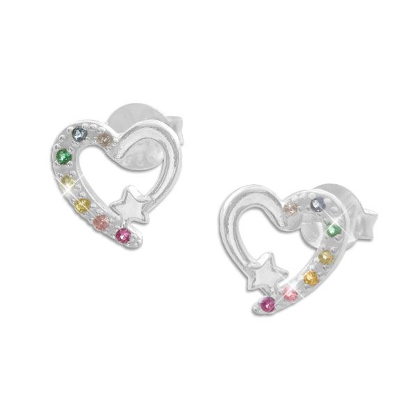 Ohrstecker Herz mit Regenbogen Steinen und Stern 925 Silber Ohrringe