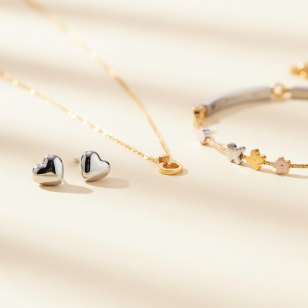 Nahaufnahme von Kinderohrringen, einer Kinderkette und einem Kinderarmband aus Silber, Gold und Edelstahl nebeneinander auf einem hellen Hintergrund