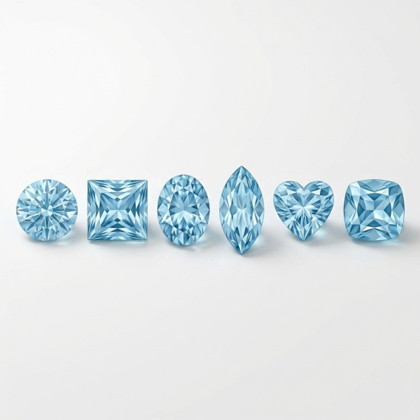 Vergleich von Edelstein-Schliffen: runder Brillantschliff, Princess, Oval, Marquise, Herz und Cushion nebeneinander