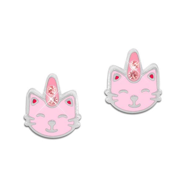 Katzen Einhorn Ohrstecker rosa mit Strass 925 Silber Ohrringe Mädchen