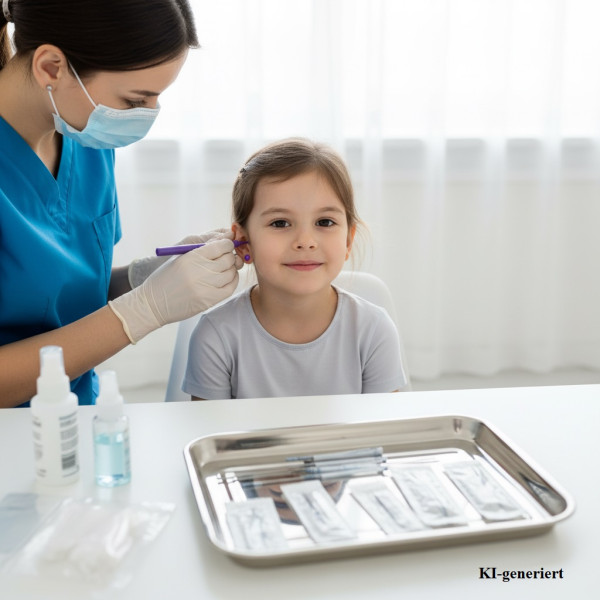Fachkraft markiert das Ohrläppchen eines Kindes mit einem Stift in einer hellen, sauberen Studio-Umgebung, im Vordergrund sind sterile Instrumente zu sehen