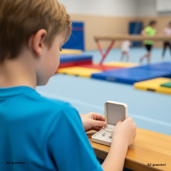 Kind zieht vor dem Sport seine Kette ab und legt sie in ein kleines Etui, im Hintergrund eine Turnhalle