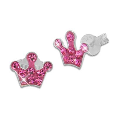 Kinderschmuck Ohrstecker Krone pink mit Strass 925 Silber