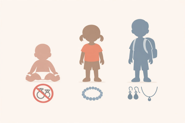 Illustration mit drei Symbolen für Babys, Kleinkinder und Schulkinder, dazu dezente Hinweise zu Schmuckempfehlungen nach Alter