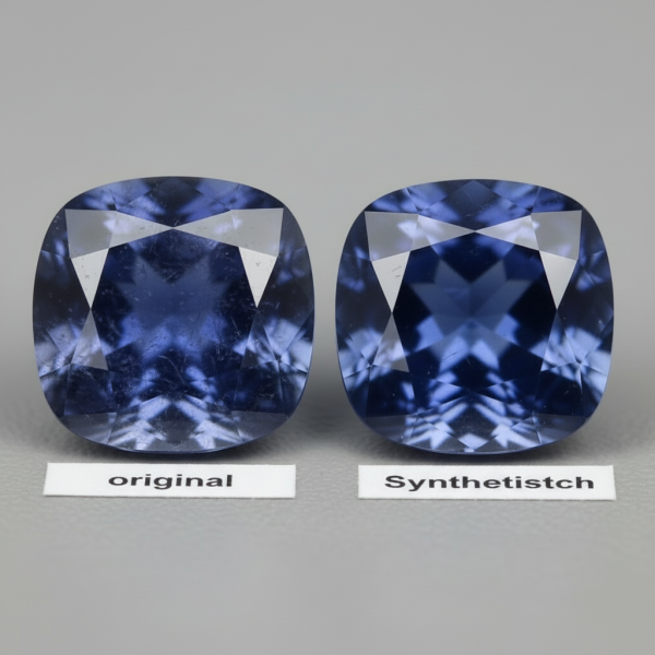 Makroaufnahme eines natürlichen Edelsteins mit kleinen Einschlüssen neben einem sehr klaren synthetischen Edelstein