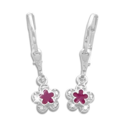 Blumen Kinder Ohrringe pink mit Strass 925 Silber Mädchen Brisur