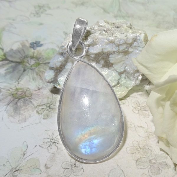 Regenbogen Mondsteinanhänger Tropfen 31 x 20 mm 925 Silber Unikat