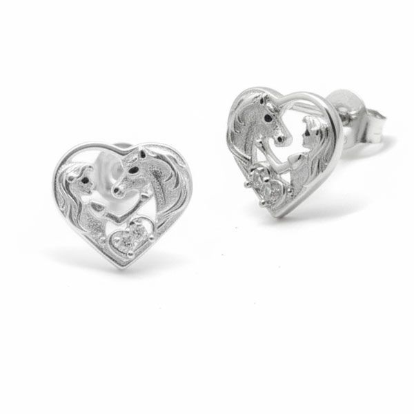 Kinder Ohrstecker Pferdemädchen Pferd im Herz mit Strass 925 Silber