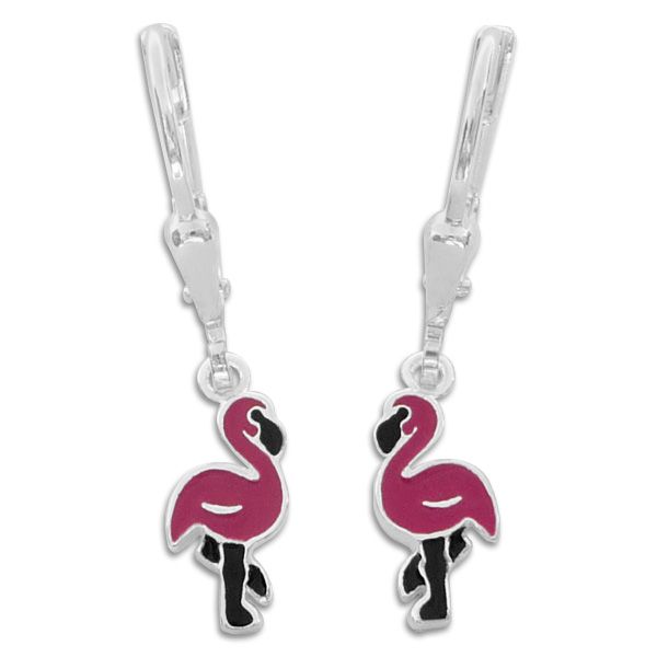 Flamingo Kinder Ohrringe hängend mit Klapp-Brisur pink 925 Silber