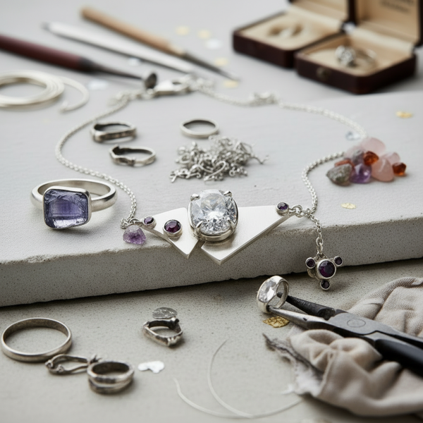 Anordnung von Edelsteinen und Schmuck als Symbol für natürliche, laborgezüchtete, recycelte und Second-Hand-Edelsteine